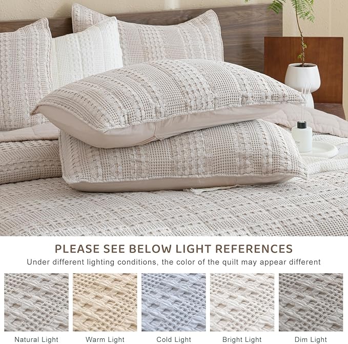 Sanracie Cotton Oversized King Bedspread (128"x120"), Oatmeal Colored Waffle Weave Quilted Set Extra Wide Farmhouse Aesthetic Bedding Set 3Pcs Soft Breathable Bedding Coverlet for All Season