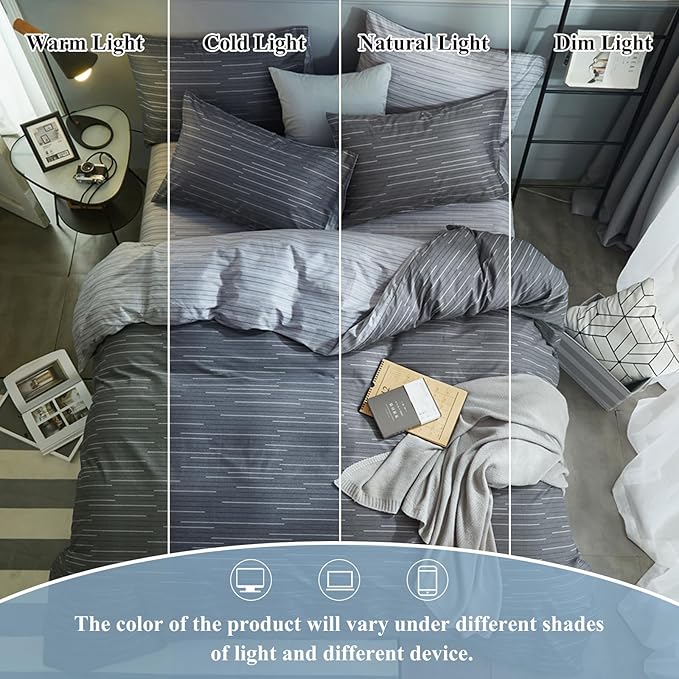 VM VOUGEMARKET Grey Stripes Duvet Cover King Modern Men Bedding Set with 2 Pillow Shams -100% Cotton Reversible Luxury Boys Comforter Cover with Zipper Closure 104X90 Inch