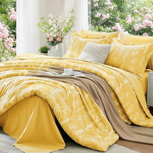 MUXHOMO Bright Yellow Bed in a Bag King 7 Pieces, King Comforter Set Reversible Botanical Flowers Design, Ultra Soft & Breathable Bedding Sets with Comforter, Sheets, Pillowcases & Shams
