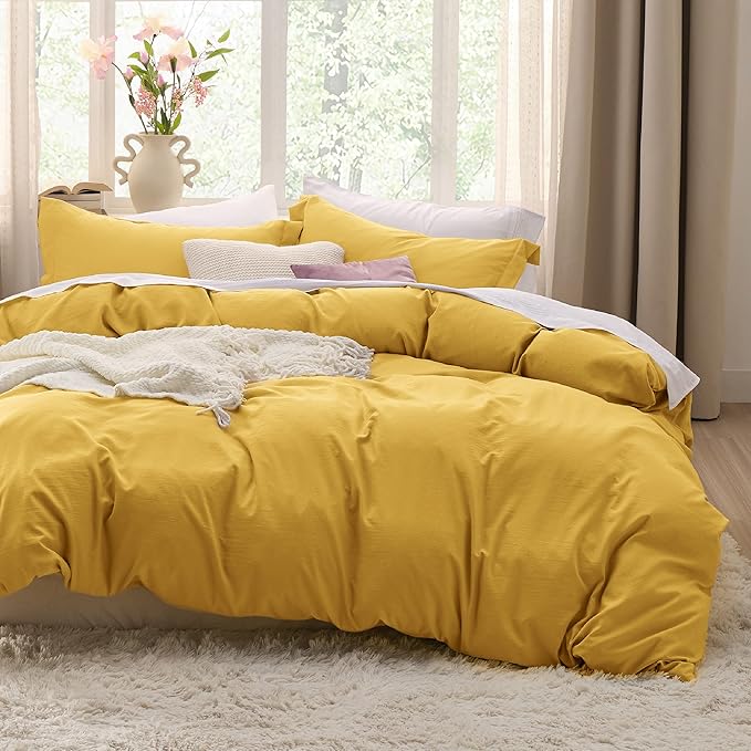 Bedsure Mustard Yellow Duvet Cover Full Size - 3 Pieces Prewashed Extra Soft Cotton-Like Polyester Bedding Set, Includes 1 Duvet Cover 80x90 Inches with Zipper Closure & 2 Pillow Shams, No Comforter
