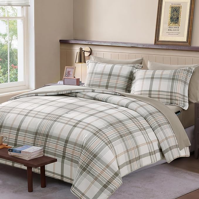 Queen Comforter Set Grey White, Plaid Bedding Set 7 Pieces, All Season Lightweight Bed in a Bag with Sheets, Pillowcase & Shams