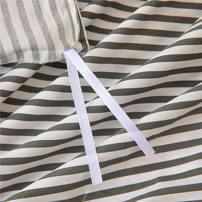 JELLYMONI 100% Natural Cotton 2pcs Striped Duvet Cover Sets,White Duvet Cover with Dark Grey Stripes Pattern Printed Comforter Cover,with Zipper Closure & Corner Ties(Twin Size)