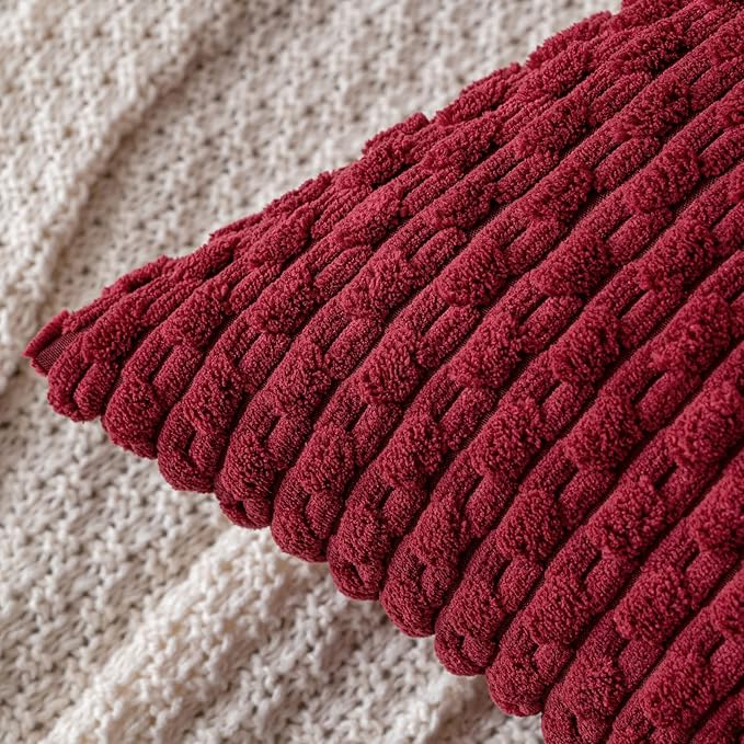 MIULEE Wine Red Throw Pillow Covers Soft Corduroy Decorative Set of 2 Boho Striped Pillow Covers Pillowcases Farmhouse Home Decor for Couch Bed Sofa Living Room 20x20 Inch
