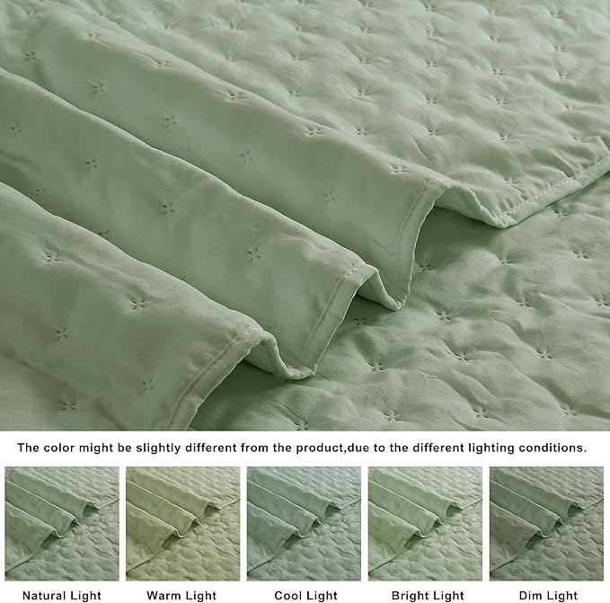 ROARINGWILD Sage Green Queen Size Quilt Bedding Set, Lightweight Soft Bedspread, Farmhouse Rustic Country Coverlet, Thin Cloud Comforter for Spring Summer, 2 Pillow Shams, 90x90 inches