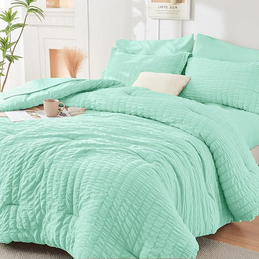 HYMOKEGE Mint Green Full Size Comforter Sets Seersucker 7 Pieces, All Season Luxury Bed in a Bag for Bedroom, Bedding Set with Comforter, Sheets, Pillowcases & Shams