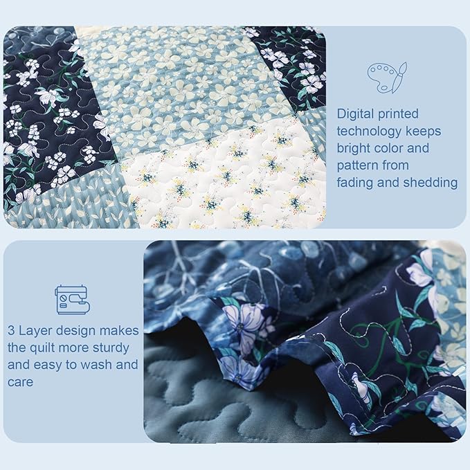 Exclusivo Mezcla Reversible Boho Quilts Queen Size, Blue Bedspreads Lightweight Coverlet All Season Patchwork Quilt Bedding Set with Printed Floral Pattern (1 Quilt, 2 Pillow Shams)