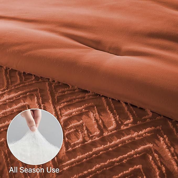 Zzlpp Twin Comforter Set 5 Pieces, Burnt Orange Tufted Bed in a Bag with Comforter and Sheets, All Season Boho Bedding Sets with 1 Comforter, 1 Pillow Sham, 1 Pillowcase, 1 Flat Sheet, 1 Fitted Sheet