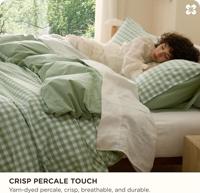 Bedsure Gingham Duvet Cover King Size,100% Washed Cotton Duvet Cover Linen Like Textured, Classic Yarn-Dyed Checkered Pattern Enhances Bedroom Comfort and Style, Gingham Sage Green, 104"x90"