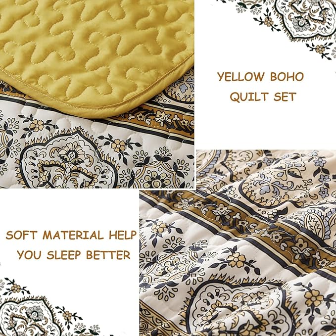 WONGS BEDDING Boho Queen Quilt Set, Yellow Orange Bohemian Queen Quilt Bedding Set, Lightweight Microfiber Bed Decor Bedspread for All Season 96"x90"(3 Pieces)