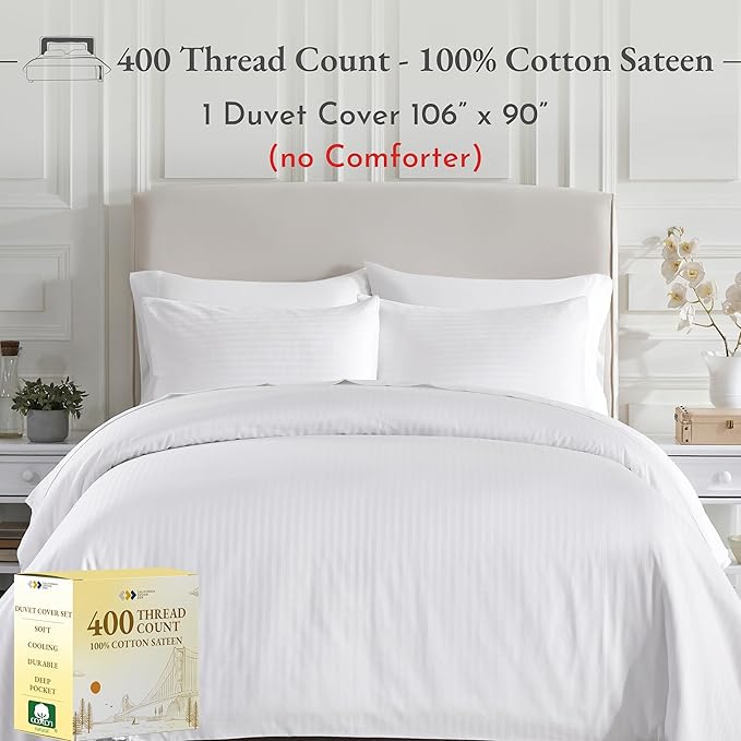 California Design Den Striped White Duvet Cover King Size Only - Premium 400 Thread Count, 100% Cotton Sateen, Button Closure & Corner Ties - White