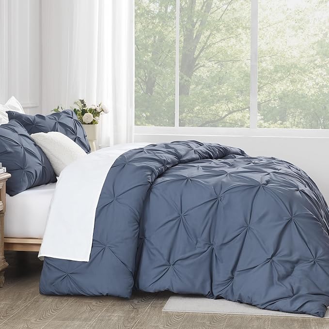 Andency California King Comforter Set Dark Blue Grey (104x96Inch), Pinch Pleat Cal King Comforter Set 3 Pieces, Oversized King Pintuck Bed Comforter, Microfiber Down Alternative Comforter Bedding Set