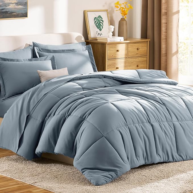 CozyLux King Size Comforter Set Grayish Blue - 7 Pieces Bed in a Bag King, Okeo-Tex Certifited Bedding Set, All Season Soft Bed Set with Down Alternative Comforter, Sheets, Pillowcases & Pillow Shams