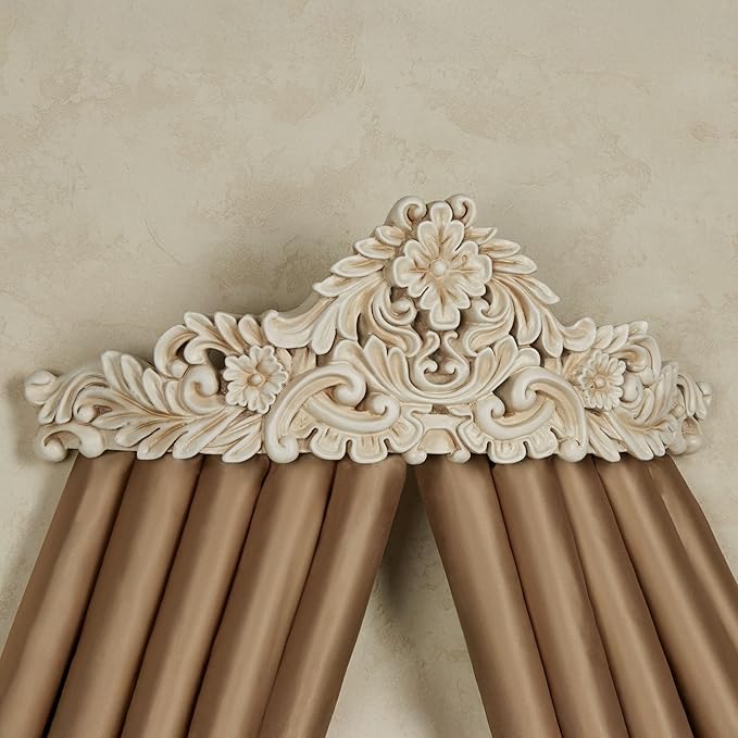 Izabella Traditional Wall Teester | Neutral Antique Ivory Finish | Royal Bed Crown Creates a Lavish Canopy with your Window Curtain Panels or Sheer Drapery | Classic Scrollwork and Medallion Design