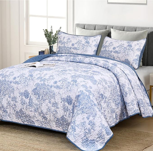 WONGS BEDDING Blue Quilt Set King Size, 3 Pieces Botanical Bedspreads Set Lightweight Microfiber Blue Toile Plants Pattern Coverlet Home Decor for All Seasons(104"×90")