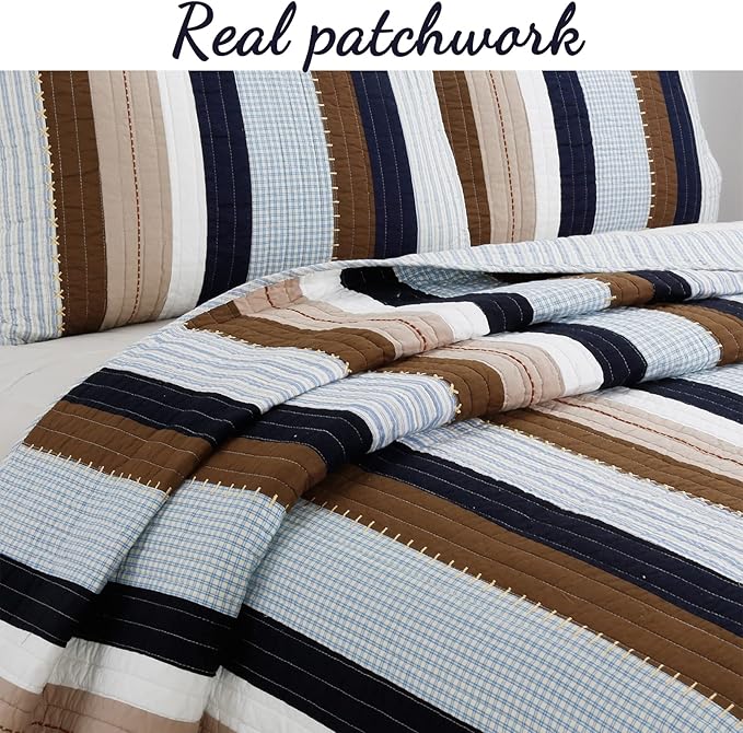 Cozy Line Home Fashions Sailor Navy Blue Star Striped Print Cotton Reversible Bedding Quilt Set (Nathan Stripe, Queen)