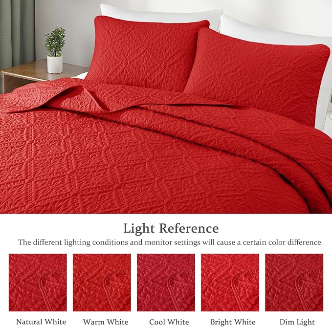 Exclusivo Mezcla Queen Quilt Bedding Set, Lightweight Soft Bedspreads Coverlets with 2 Pillow Shams, Modern Red Quilts Queen Full Size for All Seasons