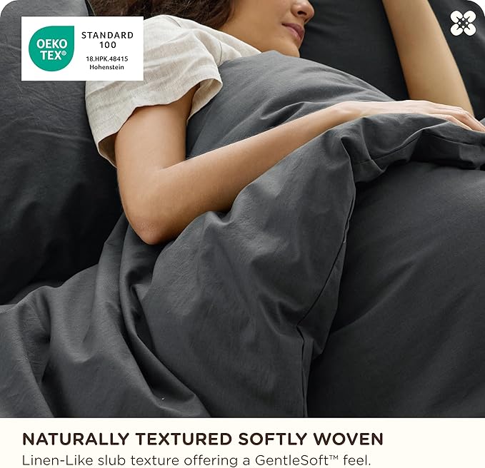 Bedsure Cotton Duvet Cover King - Luxury Slub Weave 100% Cotton Duvet Cover with a Linen Like Textured, Easy Change Durable Bedding, Charcoal, 104" x 90"