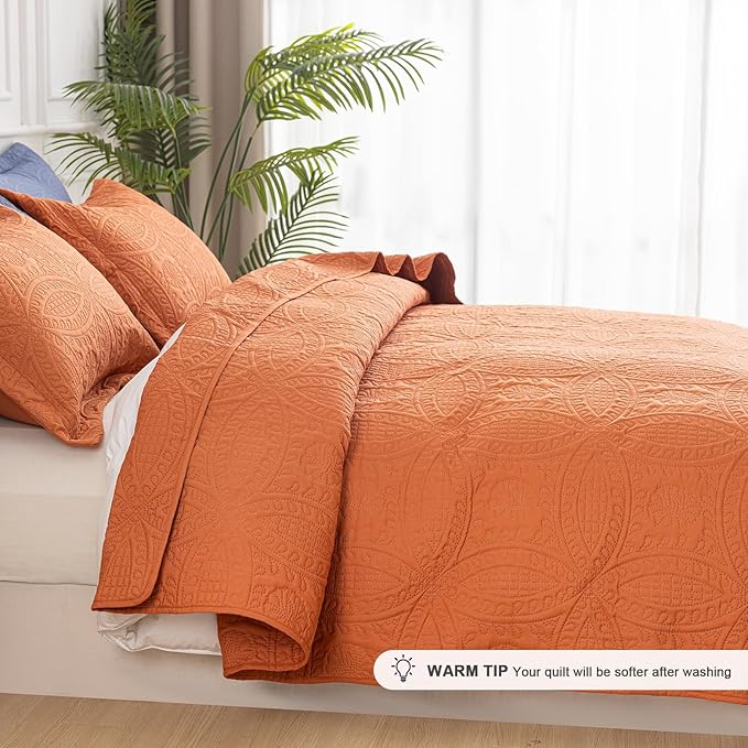 SheRest Twin Quilt Bedding Set - Soft Breathable Bed Quilt, Modern Style Embossed Bedspreads, Lightweight Microfiber Coverlet for All Seasons, Burnt Orange, 1 Quilt&1 Pillow Sham