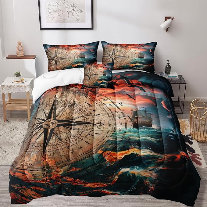 Bedbay Nautical Compass Bedding Comforter Set 4 Pcs Vintage Ocean Bedding for Boys Teen Adults Soft Cozy Lightweight Quilted Comforter for All Seasons 1 Comforter 2 Pillowcases 1 Cushion Cover