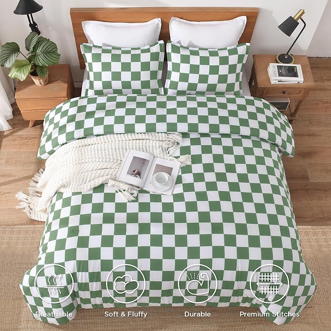 Andency Green Checkered Comforter Full(79x90Inch), Plaid Gingham Buffalo Grid Bedding Comforter Sets for Boys Kids Teens, 3 Pieces Lightweight Microfiber Geometric Preppy Bed Set