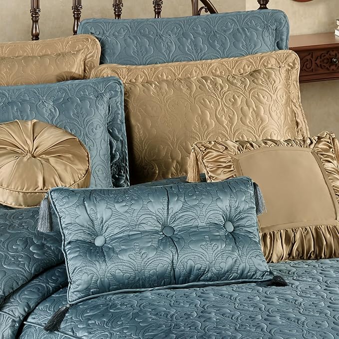 Cambridge Classic Luxury Bedding | Blue Shadow Solid Color Polyester Satin | Elaborate Damask Quilting | 6 Pc Bed Set Includes Fitted Oversized King Bedspread, 2 King Shams, & 3 Decorative Pillows