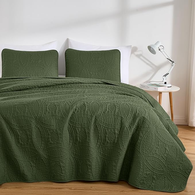 Chezmoi Collection Austin Queen Oversized Bedspread Set, 3-Piece Pinsonic Quilted Lightweight Microfiber Bedspread Coverlet, Olive Green
