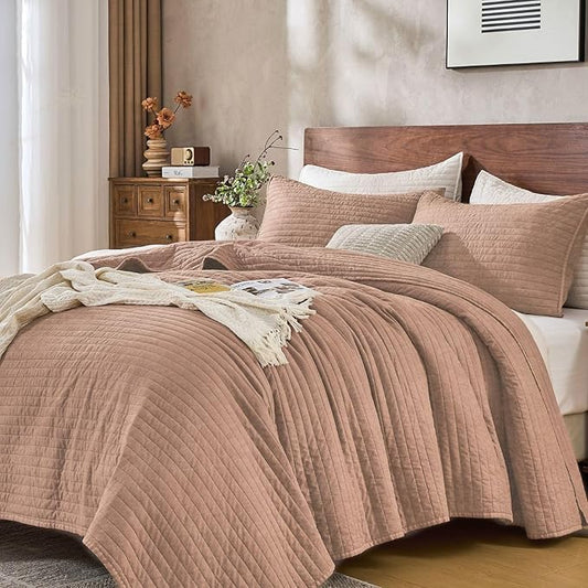 DOWN HOME King Quilt Bedding Set with Shams, Vintage Washed Soft Quilted Blanket Thin Comforter Lightweight Bedspread Coverlet Bed Cover, Brushed Microfiber Stripe Stitching, Desert Blush, 104"x90"