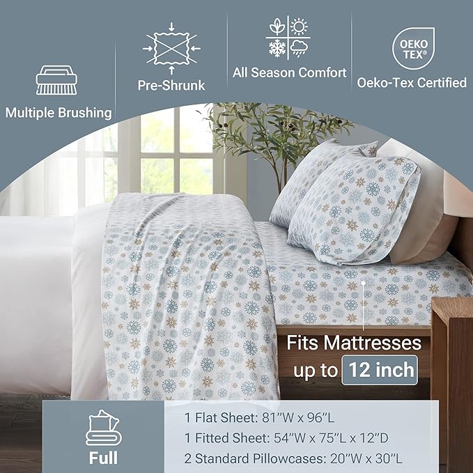 True North by Sleep Philosophy Cozy Flannel Warm 100% Cotton Sheet - Novelty Print Animals Stars Cute Ultra Soft Cold Weather Bedding Set, Full, Tan/Blue Snowflakes 4 Piece