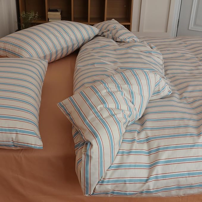 Striped Comforter Set King Size, 3 Pieces Lightweight Striped Bedding Comforter Set, Fluffy Soft Blue Brown Stripes Pattern Printed Bedding Set, Breathable King Size Comforter with 2 Pillowcases