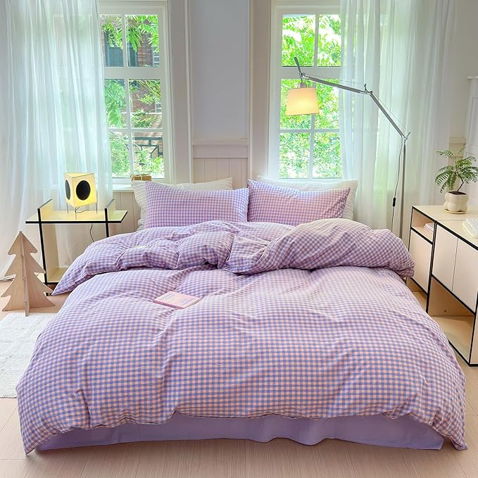 LifeTB Purple Gingham Comforter Set Full Modern Style Purple Pink Grid Plaid Comforter Soft Fluffy 3 Pieces Checkered Pattern Comforter Set Farmhouse Gingham Bedding Comforter with 2 Pillowcases