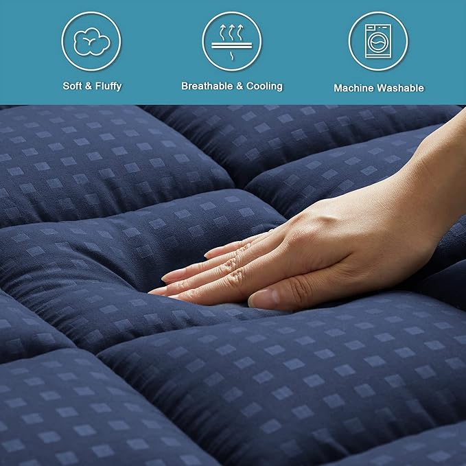 HYLEORY King Mattress Pad Quilted Fitted Mattress Protector Cooling Pillow Top Mattress Cover Breathable Fluffy Soft Mattress Topper with 8-21" Deep Pocket, Navy