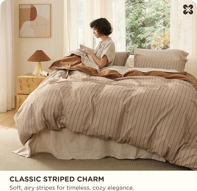Bedsure Striped Duvet Cover King Size,100% Washed Cotton Duvet Cover Linen Like Textured, Classic Striped Pattern Enhances Bedroom Comfort and Style, Stripes Camel/Brown, 104"x90"