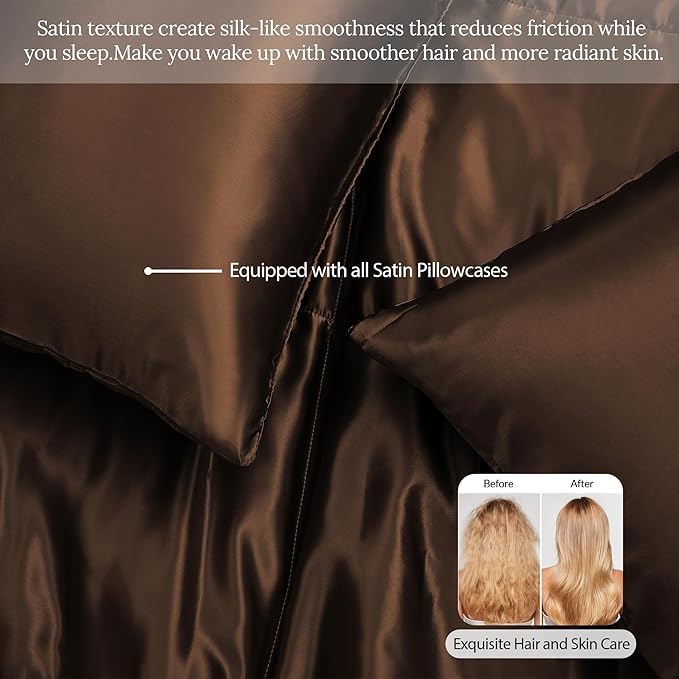Whale Flotilla 3-Piece Reversible Silky Soft King Size Comforter Bedding Set, Luxurious Satin Comforters Oversized with 2 Satin Pillowcases, Lightweight Duvet for All Seasons, Brown