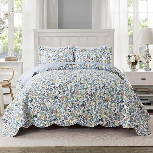 Travan 3-Piece Quilt Set Quilted Bedspread Lightweight Coverlet Set Garden Style Floral Printed Oversized Quilted Bedding Set for All Season, Secret Garden, Queen Size
