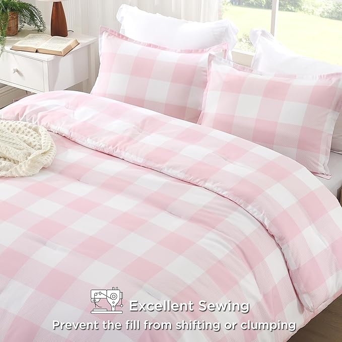 Andency Pink Checkered Comforter Twin(66x90Inch), Plaid Gingham Buffalo Plaid Grid Bedding Sets for Girls Kids Women Kids Teens, 2 Pieces Lightweight Microfiber Geometric Preppy Bed Set