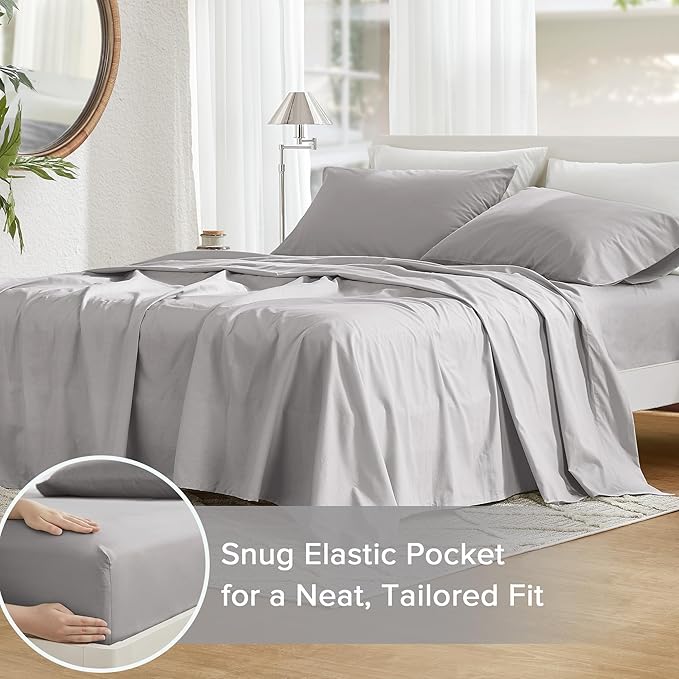 Comfort Spaces 100% Cotton Sheet Set Breathable, Lightweight, Soft with 14" Elastic Pocket Fits up to 16" Mattress, All Season Cozy Bedding, Matching Pillow Case, Full Grey 4 Piece