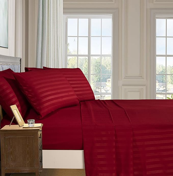 Elegant Comfort Best, Softest, Coziest 6-Piece Sheet Sets! - 1500 Premier Hotel Quality Luxurious Wrinkle Resistant 6-Piece Damask Stripe Bed Sheet Set, California King Burgundy