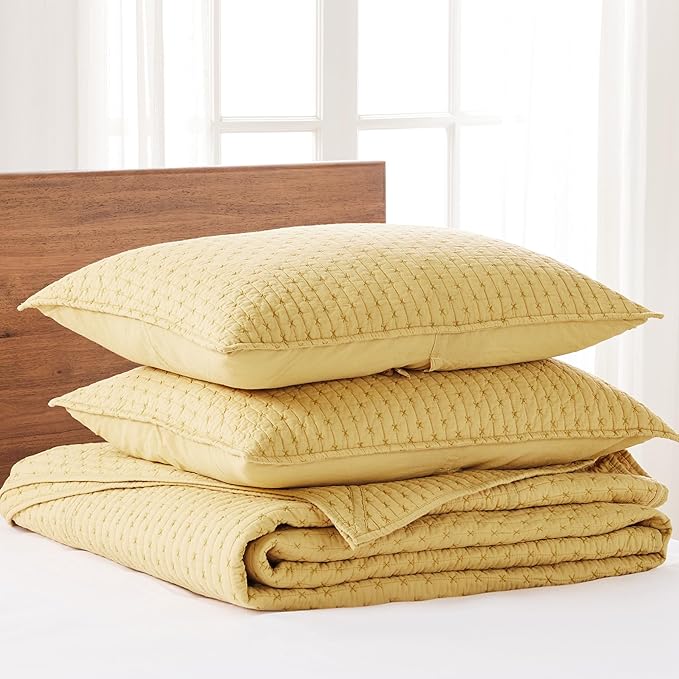 Levtex Home Cross Stitch Reversible Twin Bedspread Set (84x104in) with 1 Pillow Sham (26x20in) - Stitch Texture - Ochre - Cotton Twin Size Bedspread Set - Lightweight, Soft, Pre-Washed