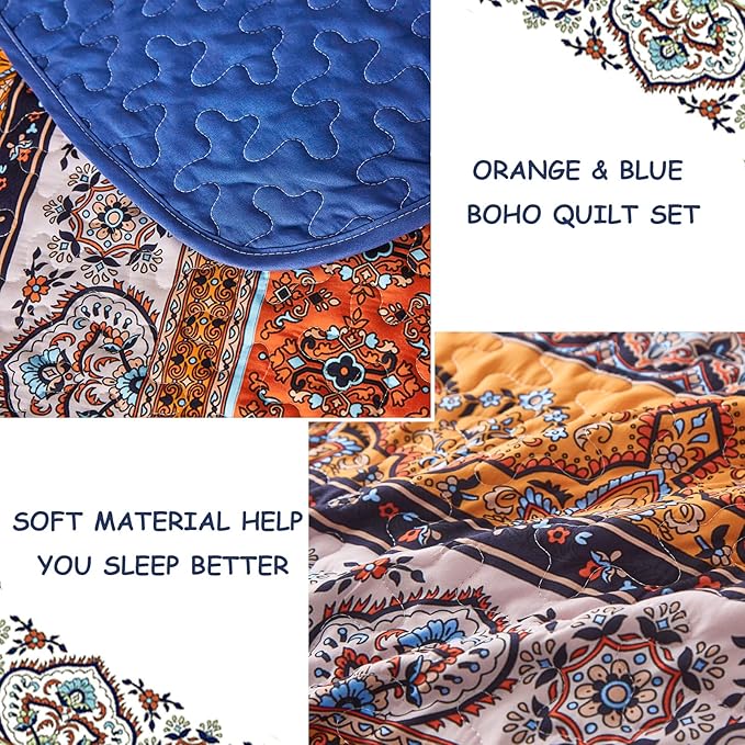 WONGS BEDDING Boho Fall Queen Quilt Set, Blue and Orange Bohemian Queen Quilt Bedding Set, Lightweight Microfiber Bed Decor Bedspread for All Season 96"x90"(3 Pieces)