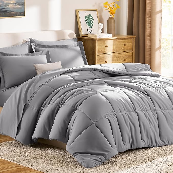 CozyLux King Size Comforter Set Grey - 7 Pieces Bed in a Bag King, Okeo-Tex Certifited Bedding Set, All Season Soft Bed Set with Down Alternative Comforter, Sheets, Pillowcases & Pillow Shams