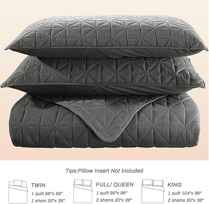 Exclusivo Mezcla Quilts Queen Size Bedding Set with Stitched Grid Pattern, Lightweight Summer Grey Bedspreads Coverlets Bed Cover for All Seasons (1 Quilt and 2 Pillow Shams)