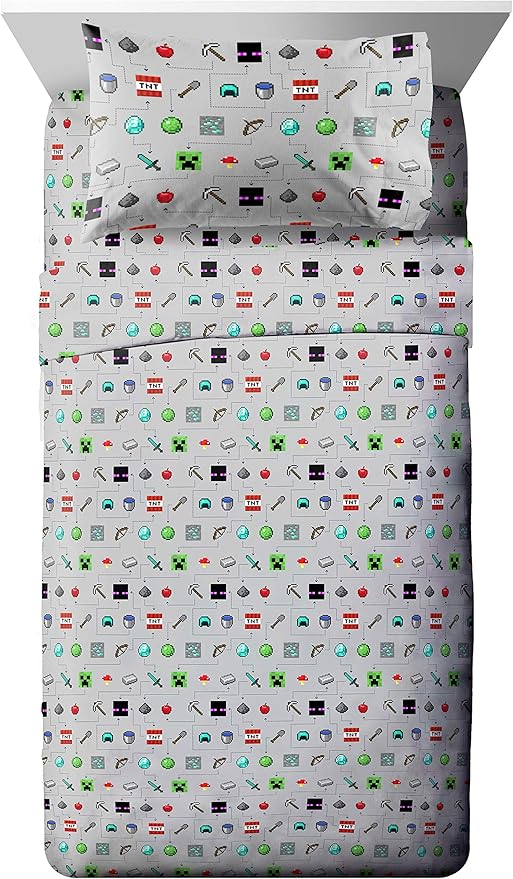 Jay Franco Minecraft Monster Hunters 4 Piece Twin Bed Set - Includes Reversible Comforter & Sheet Set - Bedding Features Creeper - Super Soft Fade Resistant Microfiber (Official Minecraft Product)