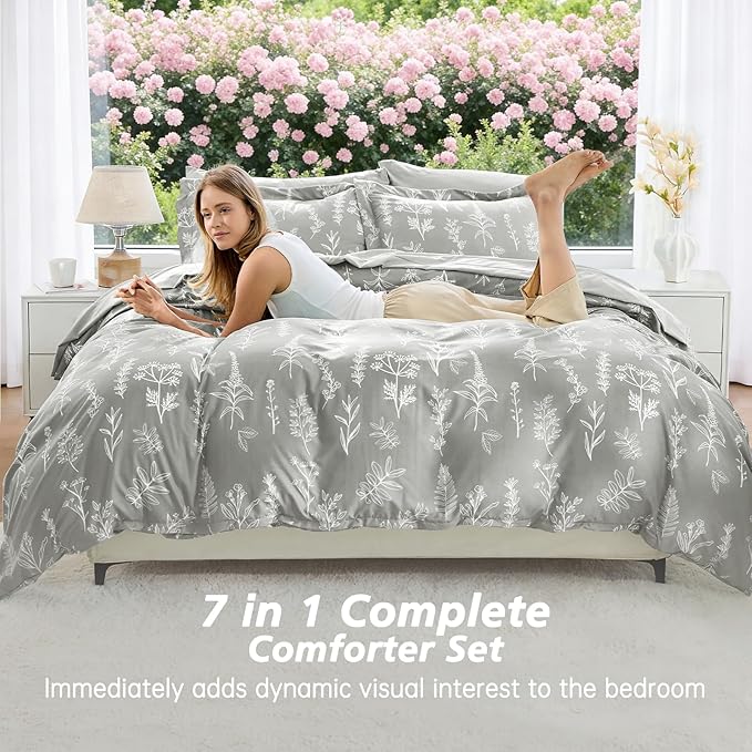 MUXHOMO Silver Grey Bed in a Bag King 7 Pieces, King Comforter Set Reversible Botanical Flowers Design, Ultra Soft & Breathable Bedding Sets with Comforter, Sheets, Pillowcases & Shams