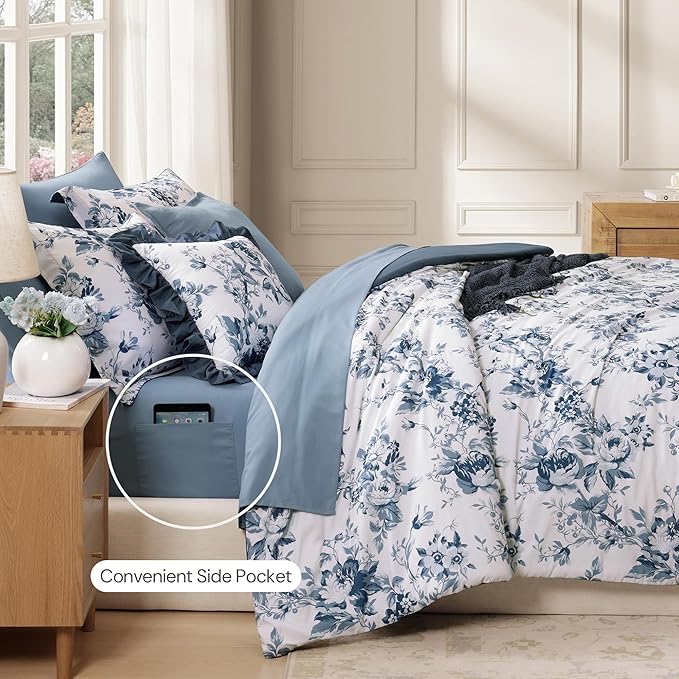 Oversized Queen Comforter Set -7 Pieces Floral Rain Washed Bedding Set for All Seasons, Bed in a Bag with Botanical Flowers Comforter, Sheets, Pillowcases & Shams