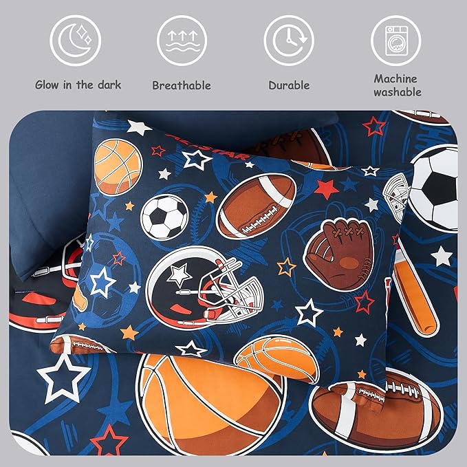 Full Kids Comforter Set - 7 Pieces Full Bedding Sets for Boys Teen, Glow in The Dark Sports Ball Games Bed in A Bag with Sheets