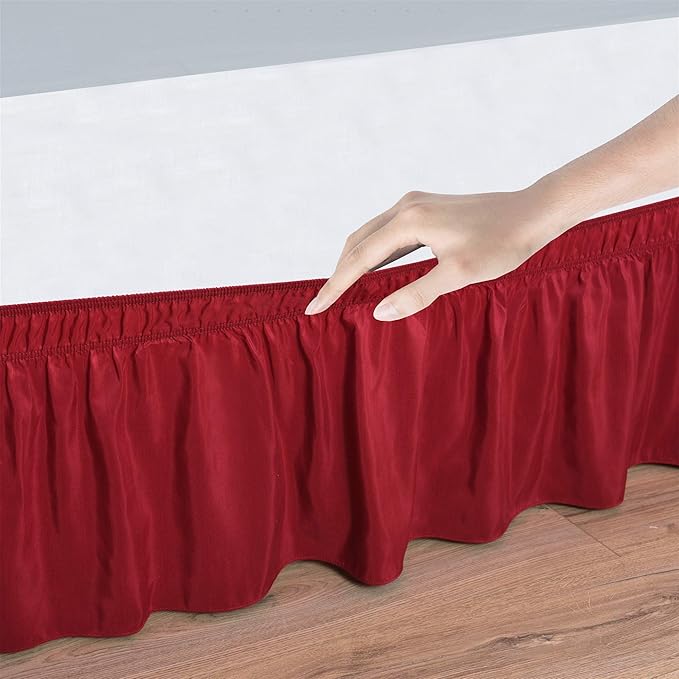 Bed Skirt - Wrap Around Bed Skirts Elastic Dust Ruffles, Easy Fit Wrinkle and Fade Resistant Luxurious Fabric Solid Color, Red Olympic Queen Size Beds 15 Inch Drop