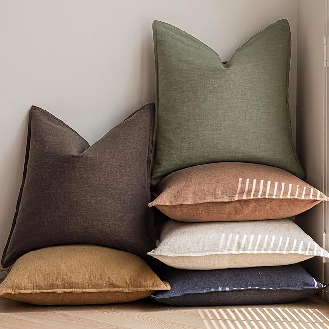 Foindtower Pack of 2, Decorative Linen Soild Throw Pillow Covers Soft Accent Cushion Case Boho Farmhouse Neutral Pillowcase for Couch Sofa Bedroom Living Room Home Decor 16 x 16 Inch Reddish Brown