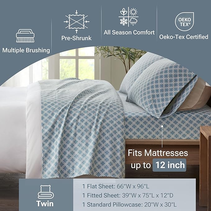 True North by Sleep Philosophy Cozy Flannel Warm 100% Cotton Sheet - Novelty Print Animals Stars Cute Ultra Soft Cold Weather Bedding Set, Twin, Blue Geo 3 Piece