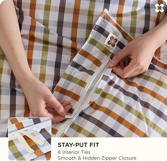 Bedsure 100% Cotton Reversible Plaid Duvet Cover Queen Size - Classic Warm Gingham Pattern Comforter Cover with Zipper Closure & 2 Pillow Shams, Comforter Sold Separately (Warm Plaid 90"x90")
