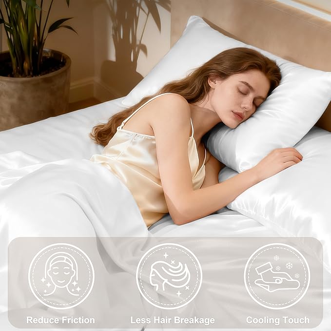 Love's cabin Satin Queen Sheets Set - 4 Piece White Silky Bed Sheets with Deep Pocket, Luxury Silk Feel Satin Queen Size Sheet Set (1 Flat Sheet,1 Fitted Sheet,2 Pillow Cases)